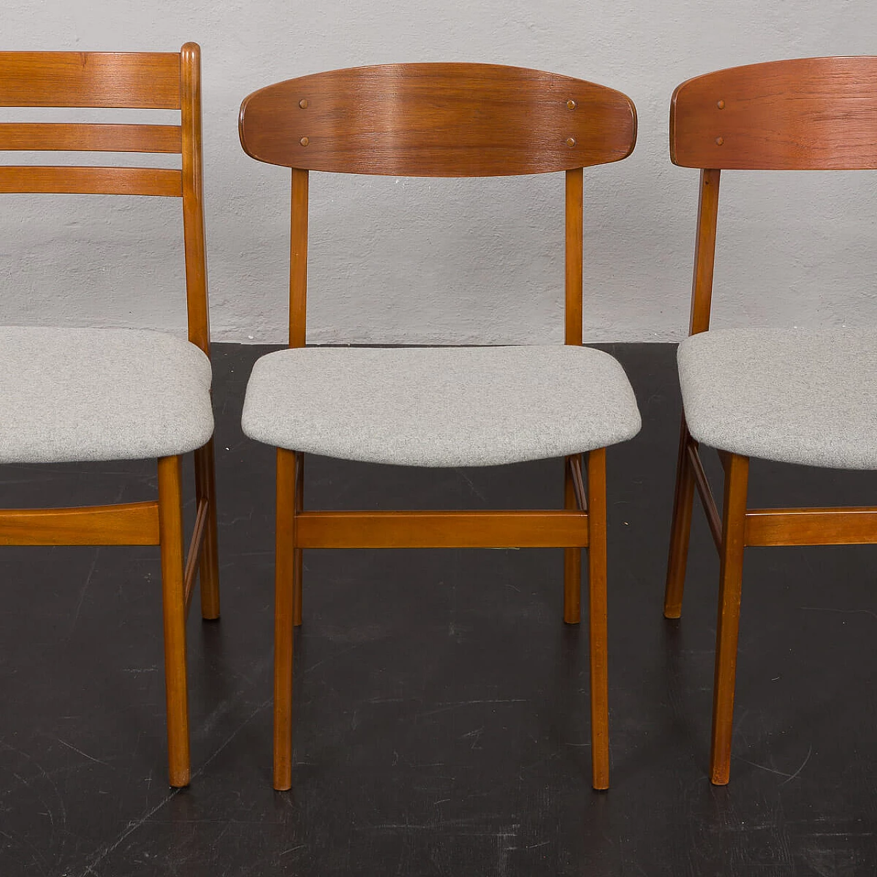 6 Danish teak and gray wool chairs, 1960s 5