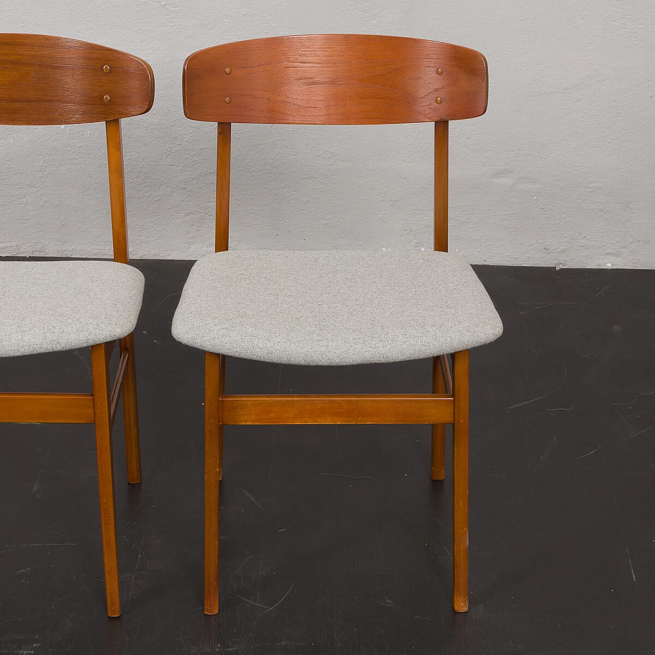 6 Danish teak and gray wool chairs, 1960s 6