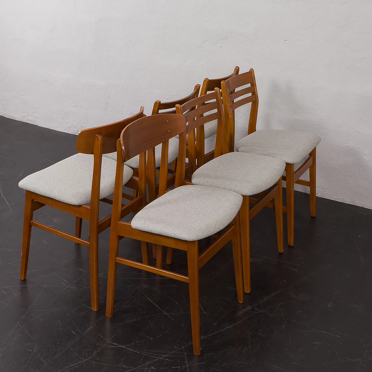 6 Danish teak and gray wool chairs, 1960s 9