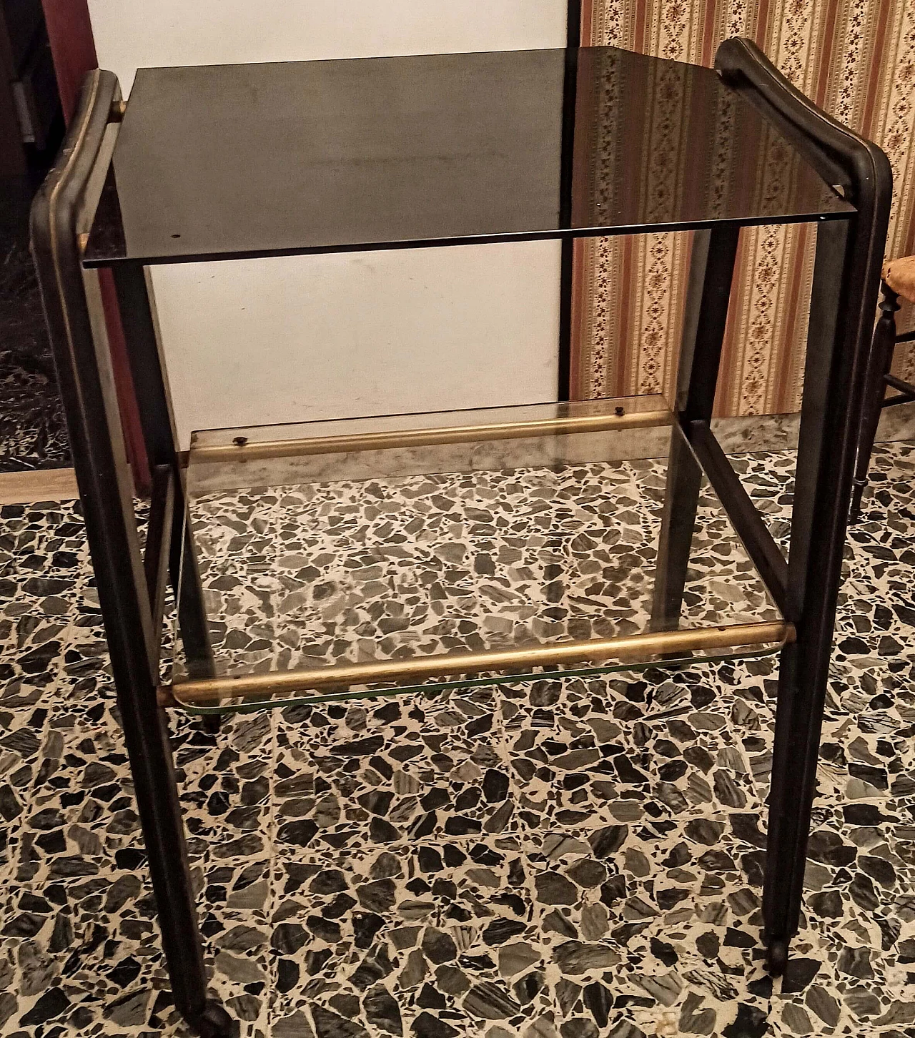 Wooden and metal TV trolley with glass tops, 1950s 2