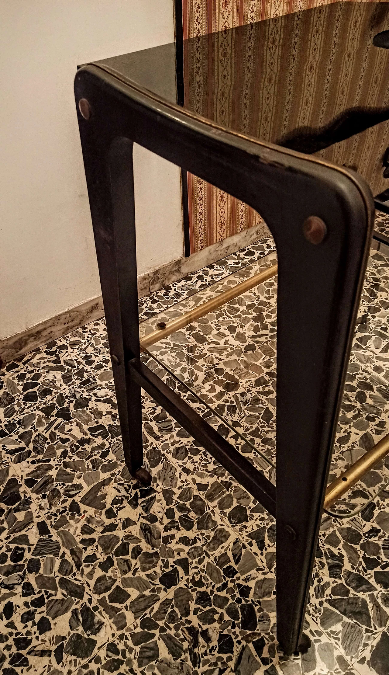 Wooden and metal TV trolley with glass tops, 1950s 8