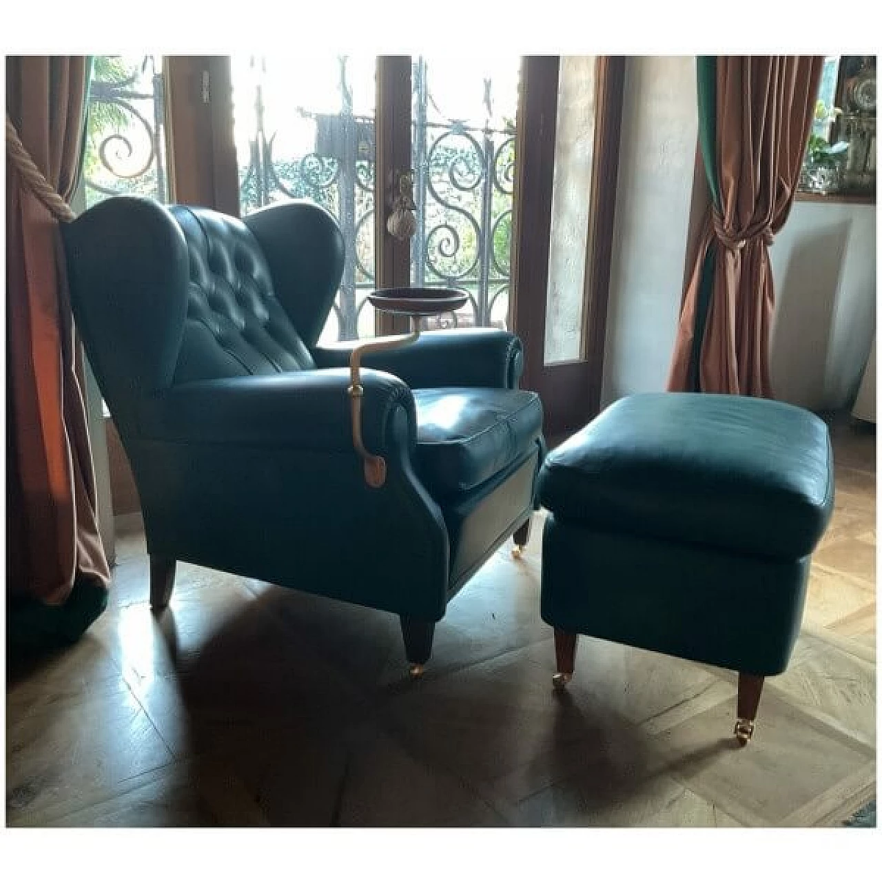 Frau, leather armchair with pouf, early 20th century 1