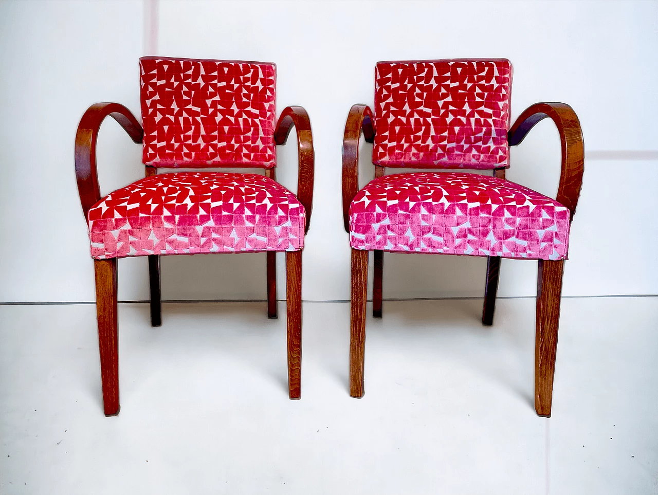 Pair of French solid wood and fabric armchairs, 1930s 1