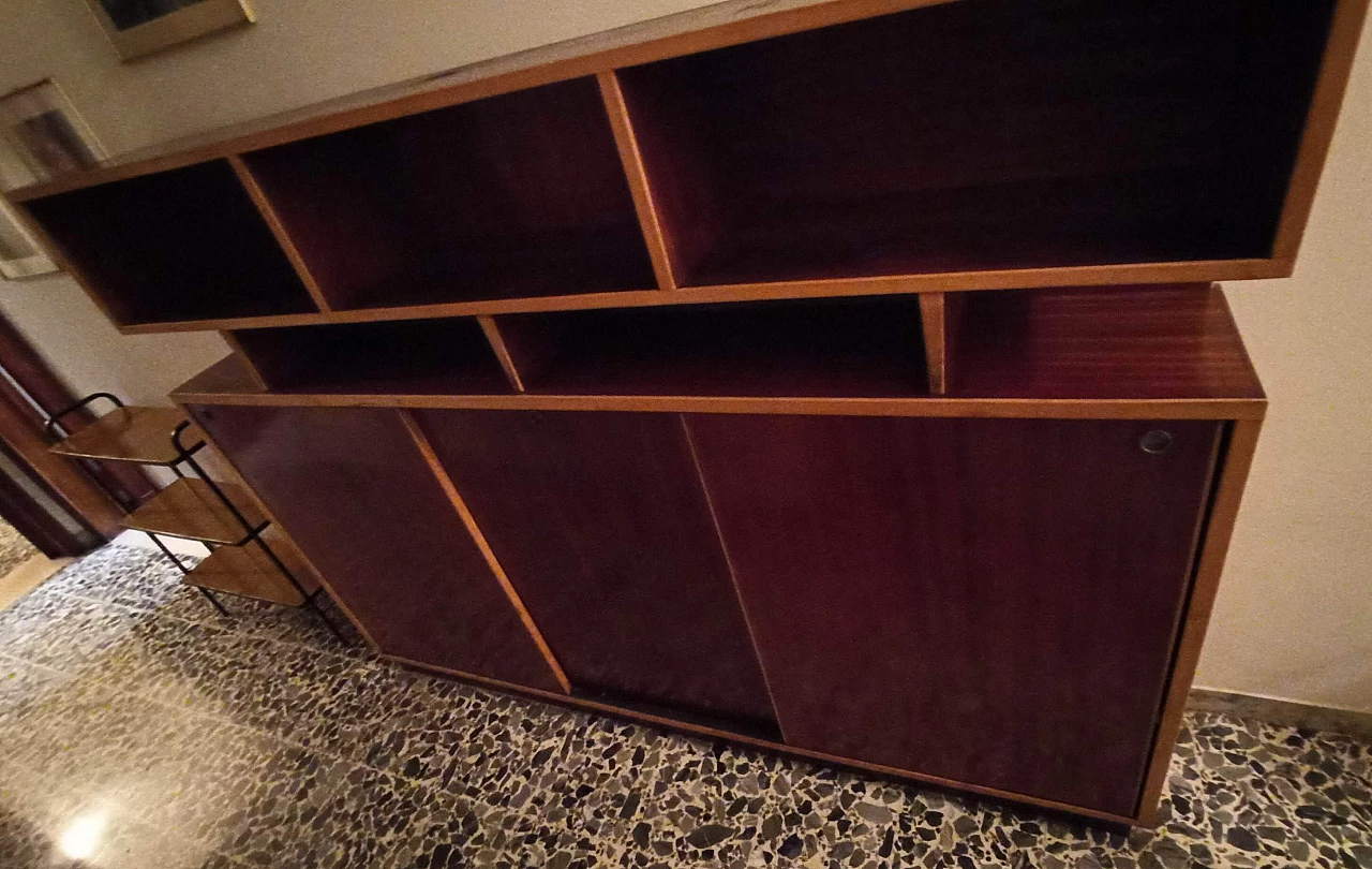 Wood bookcase with open compartments and sliding doors, 1970s 1