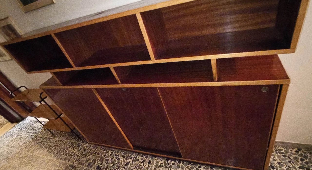 Wood bookcase with open compartments and sliding doors, 1970s 2