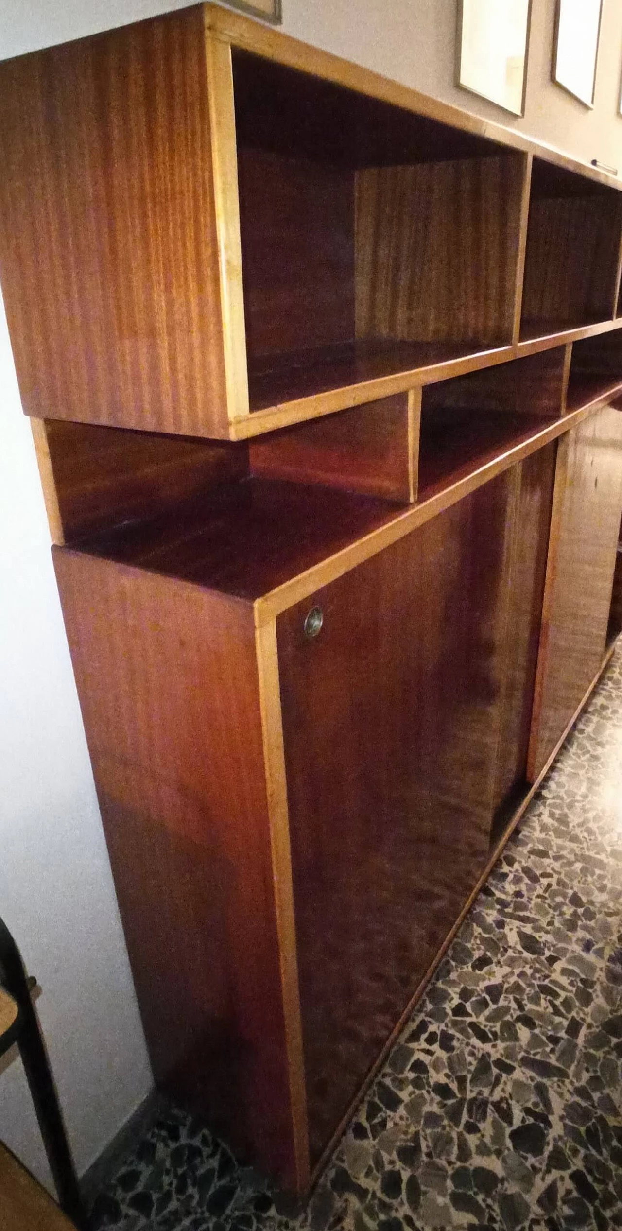 Wood bookcase with open compartments and sliding doors, 1970s 4