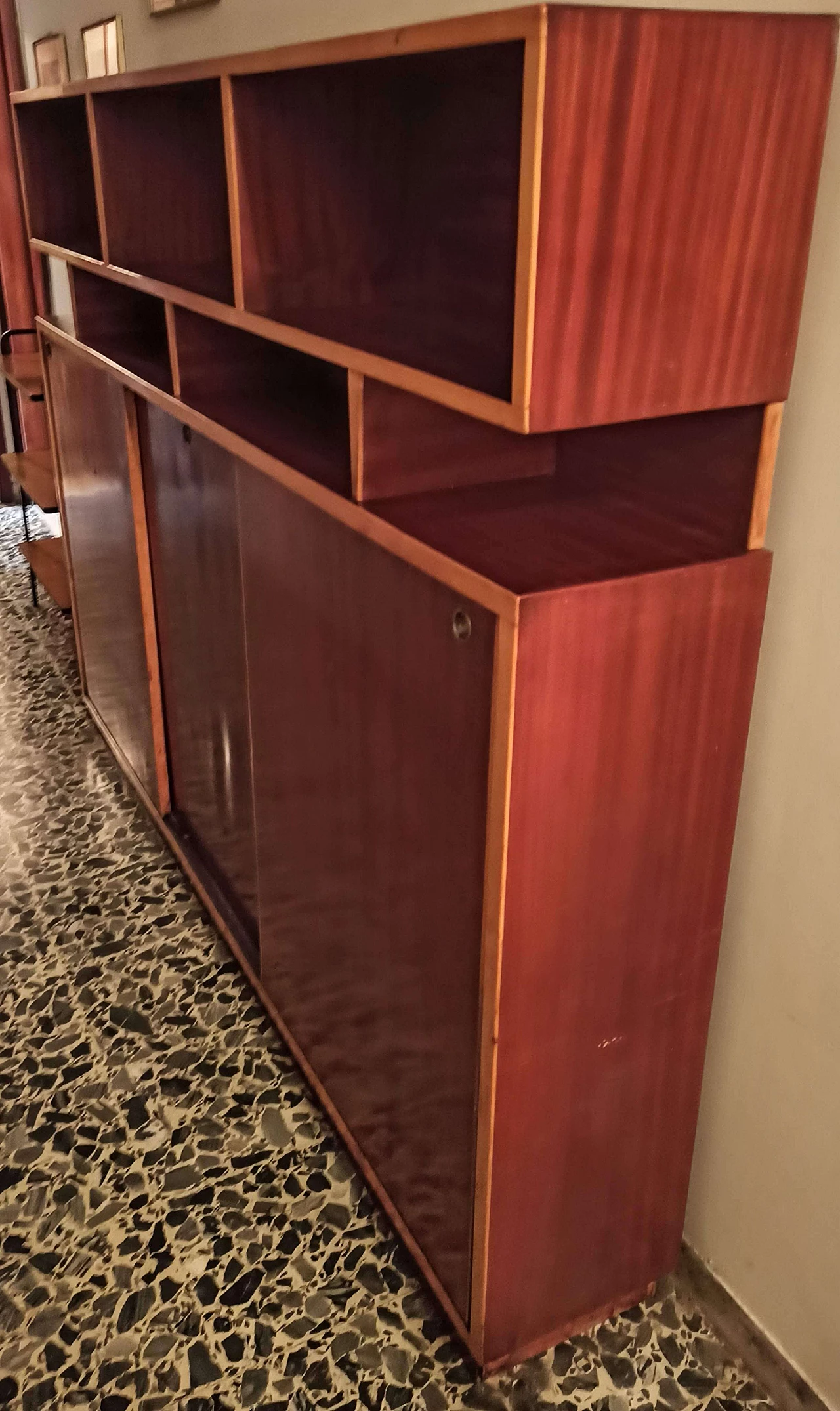 Wood bookcase with open compartments and sliding doors, 1970s 5