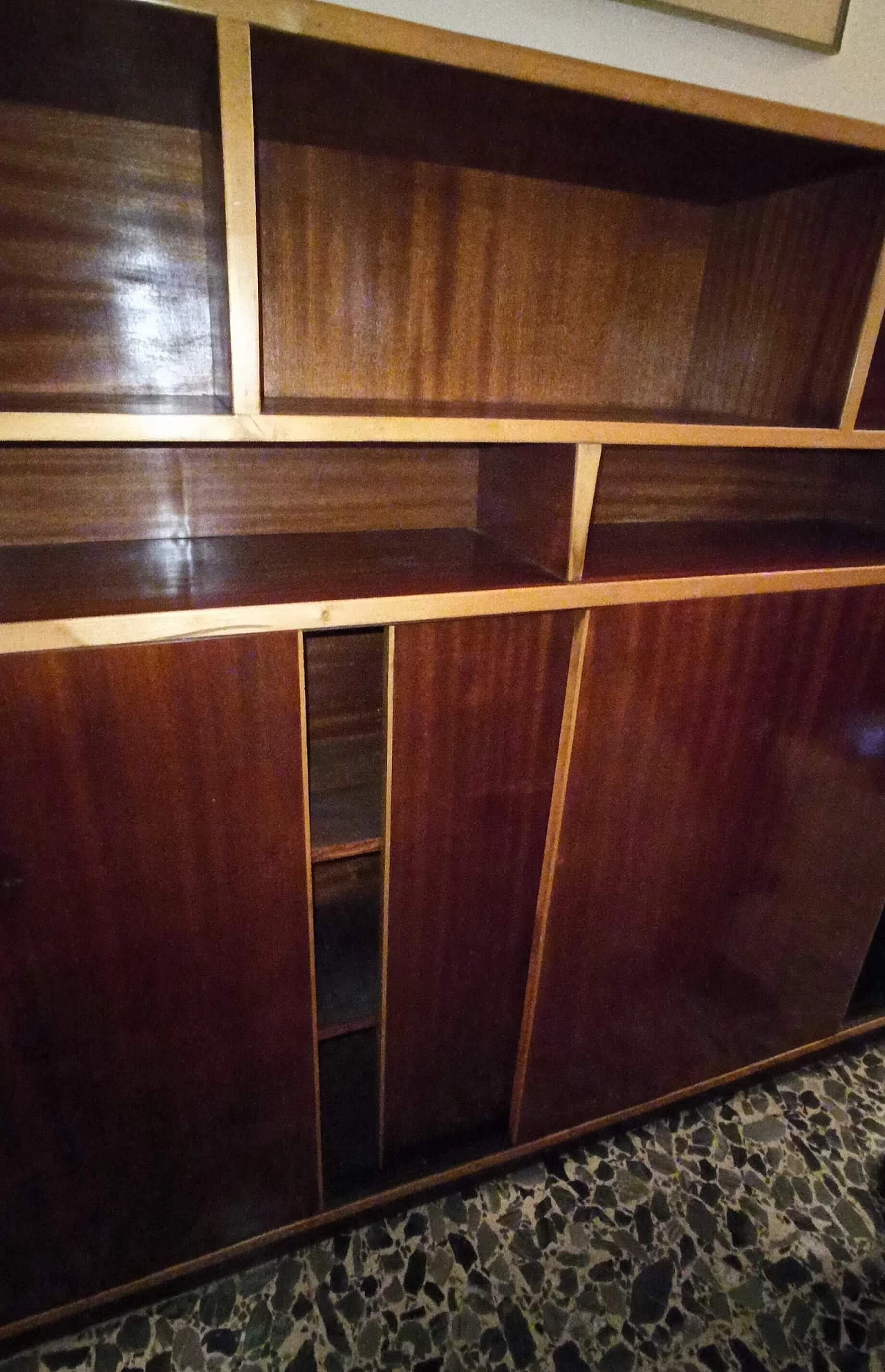 Wood bookcase with open compartments and sliding doors, 1970s 6