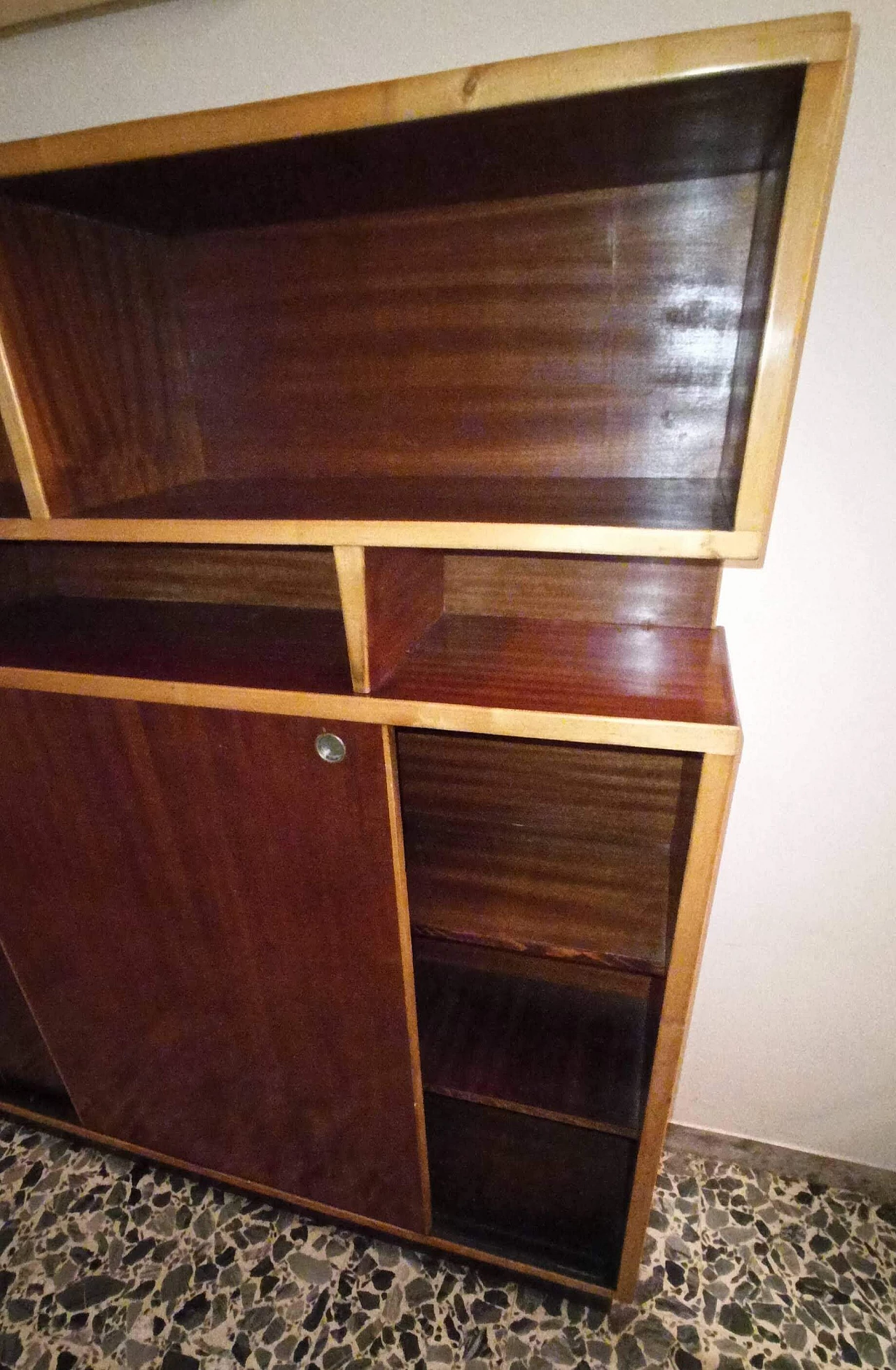 Wood bookcase with open compartments and sliding doors, 1970s 10