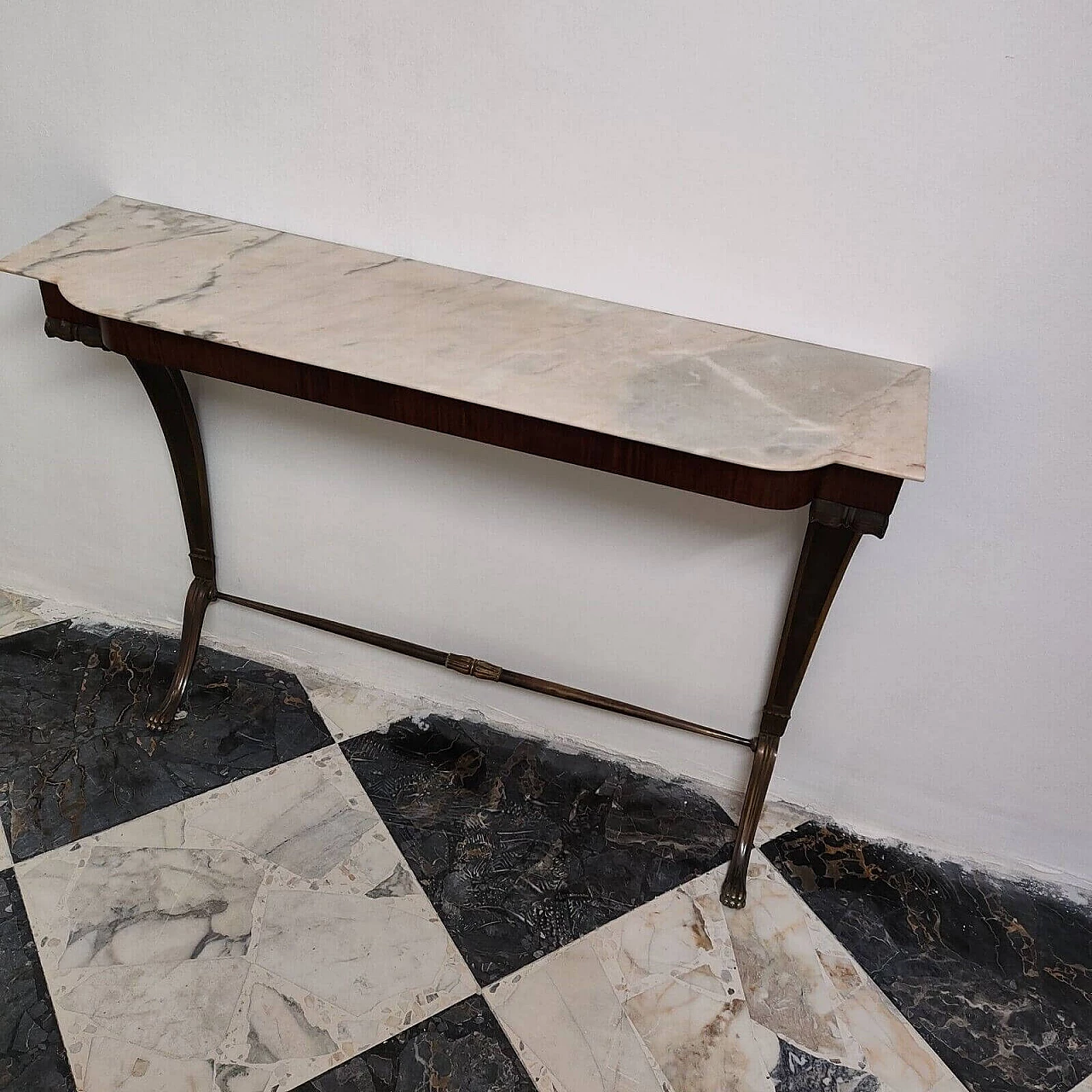 Consolle in palissandro, ottone e marmo, anni '50 7