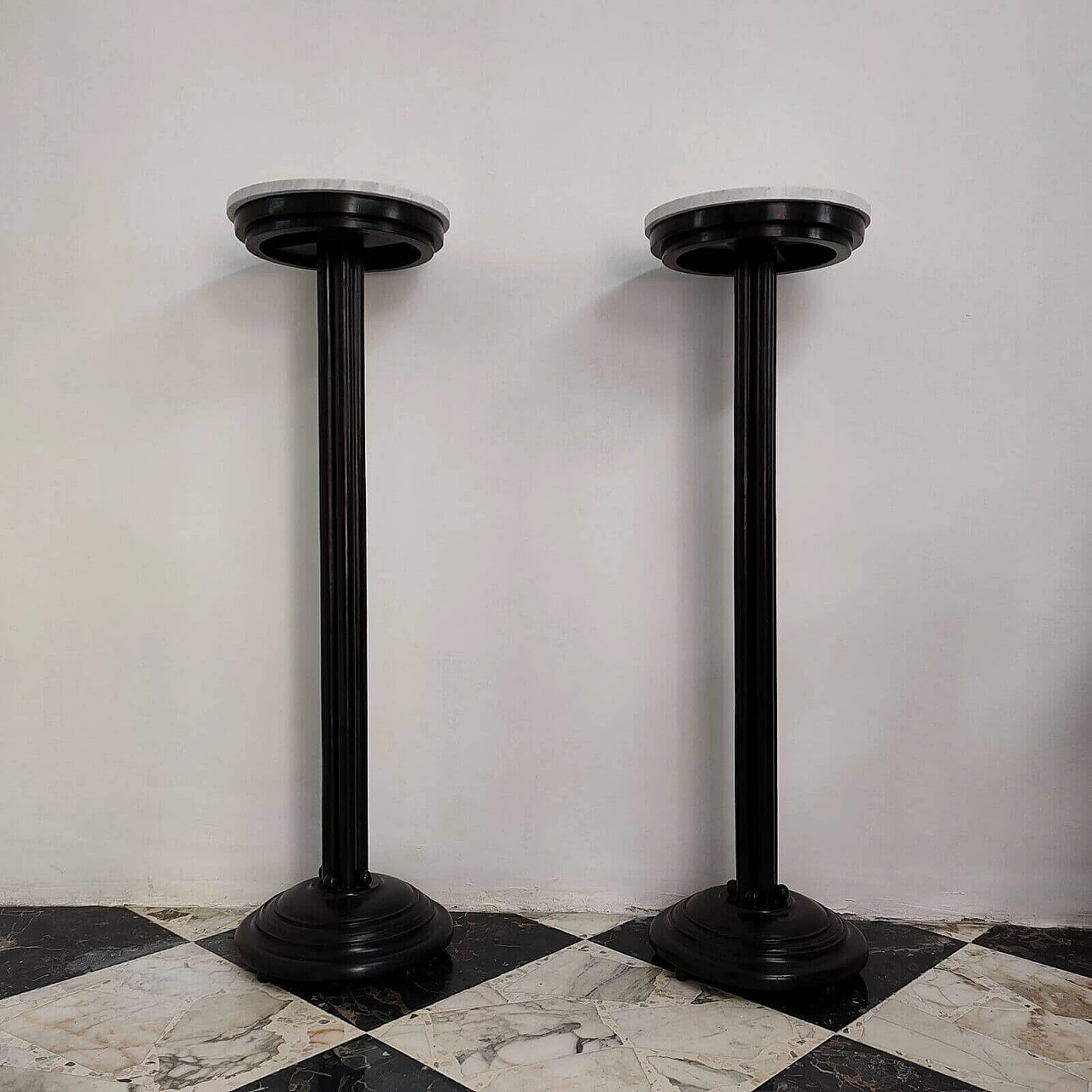 Pair of Art Deco ebonized wood and marble columns, 1930s 2