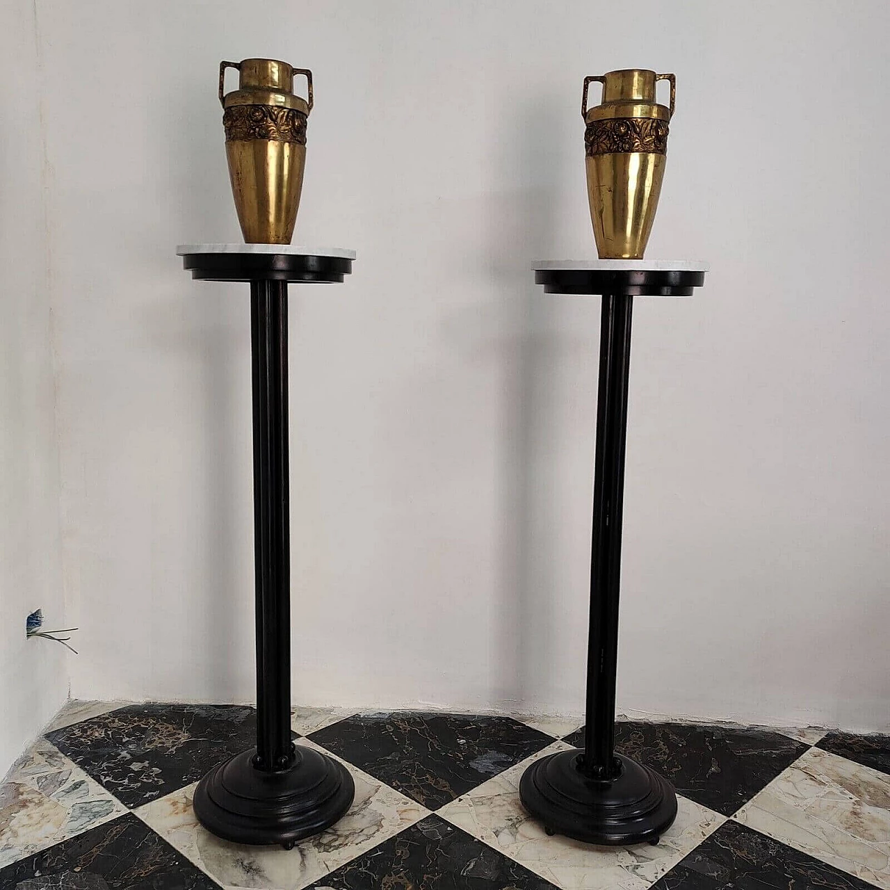 Pair of Art Deco ebonized wood and marble columns, 1930s 11