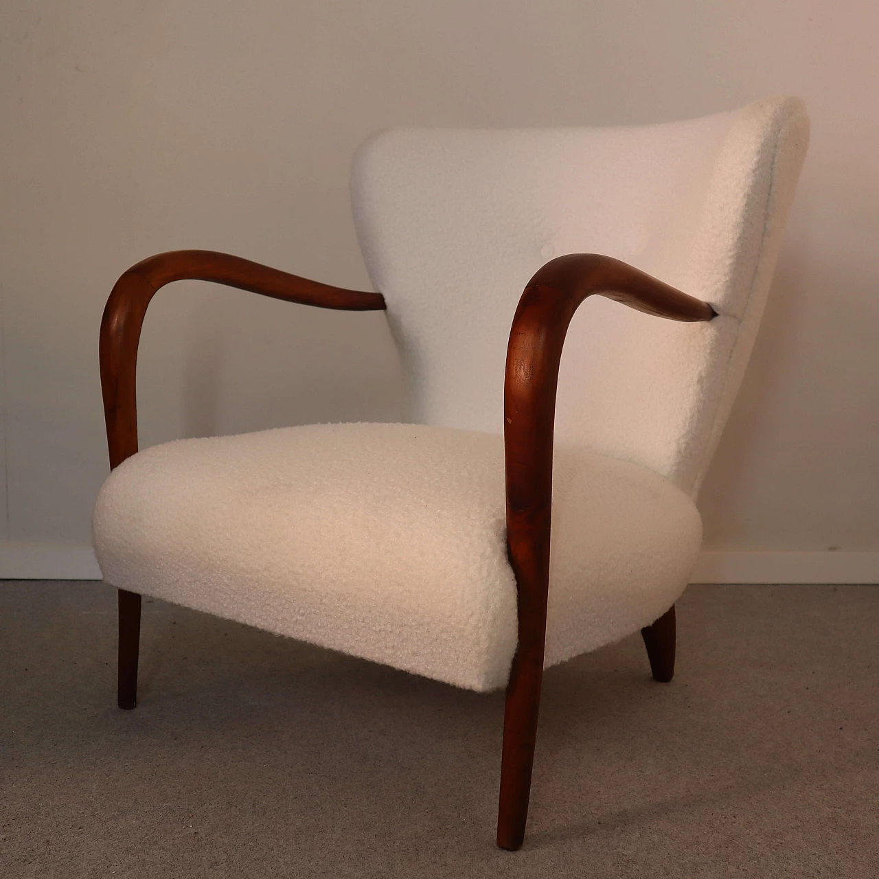 White bouclé fabric armchair with cherry frame, 1940s 1