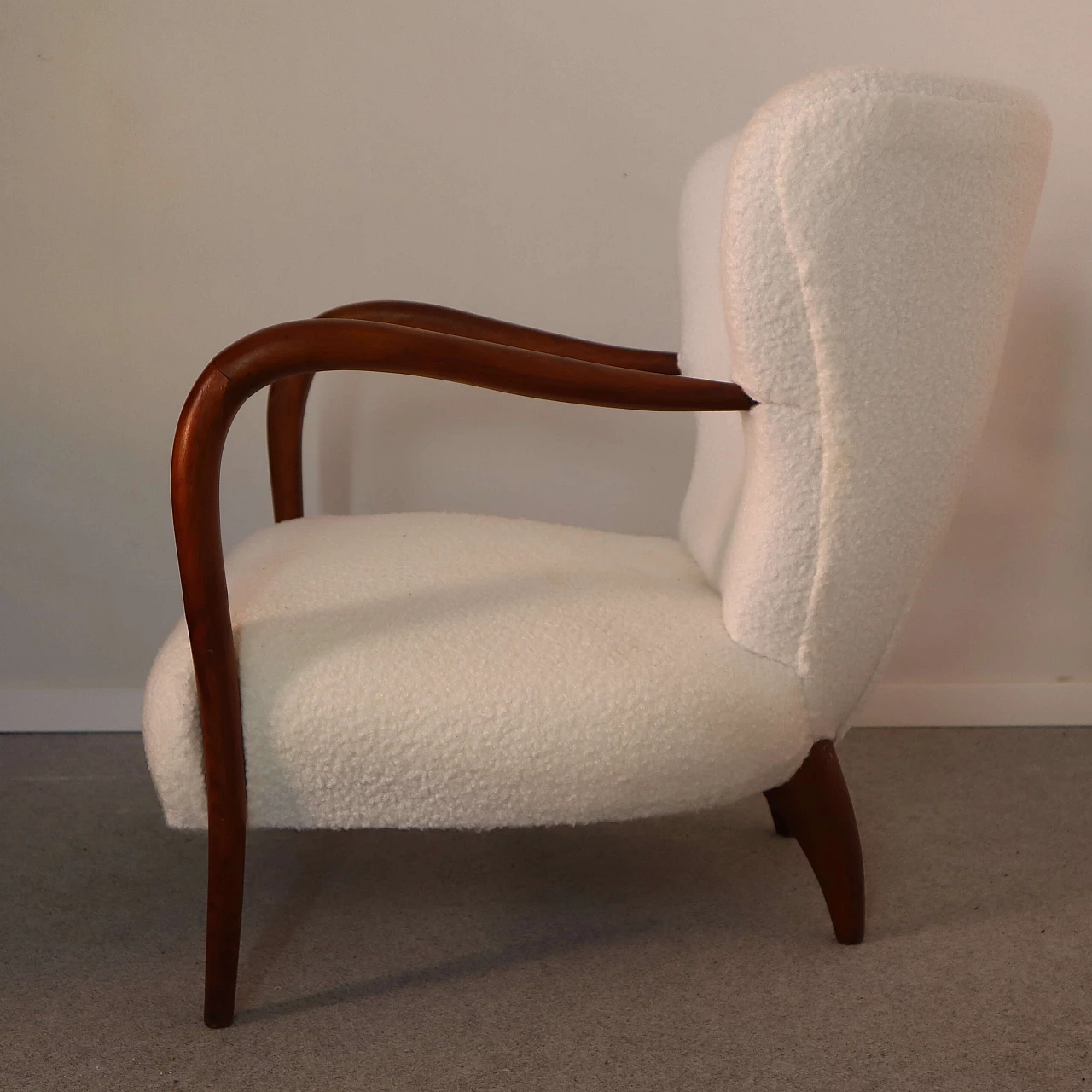 White bouclé fabric armchair with cherry frame, 1940s 6