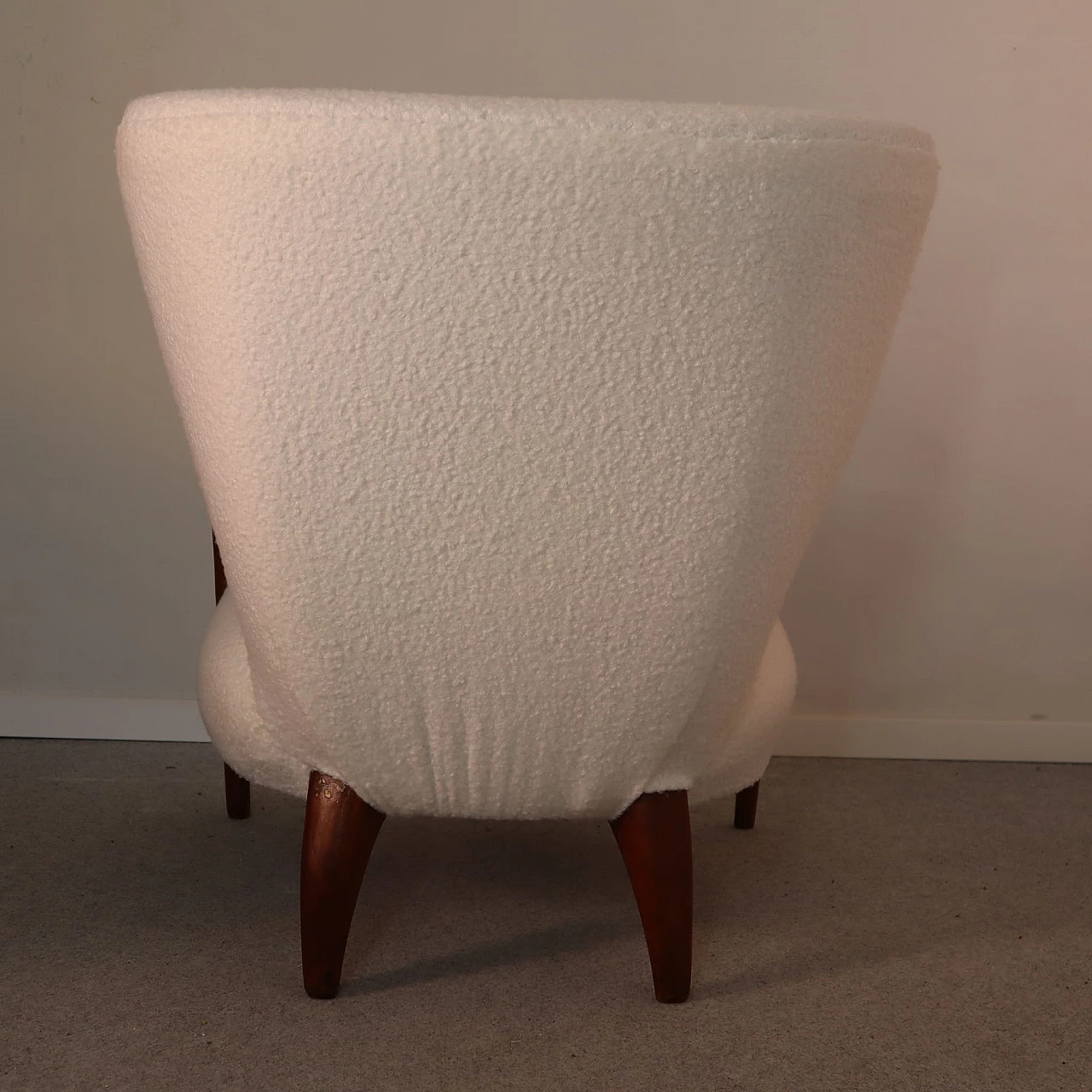 White bouclé fabric armchair with cherry frame, 1940s 11