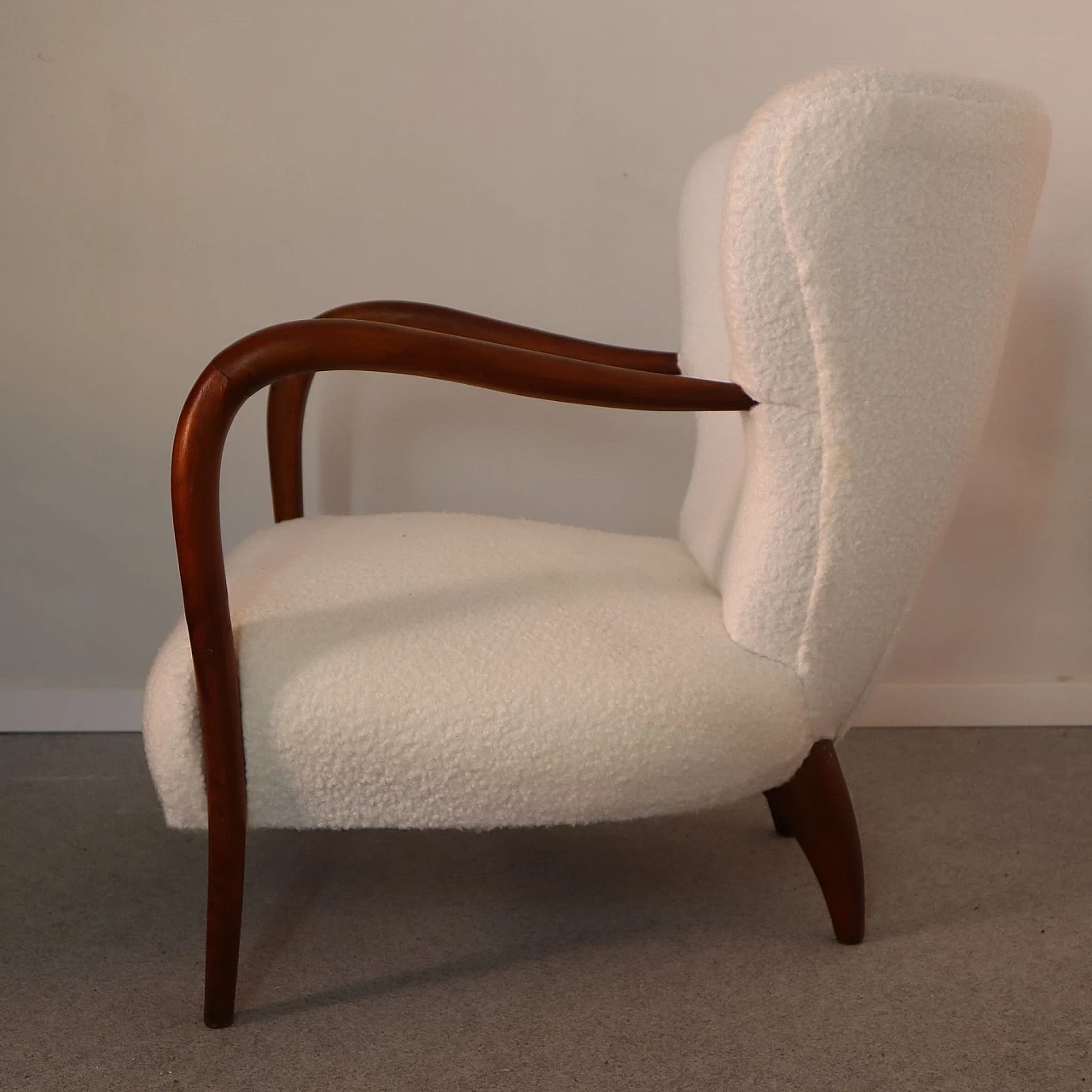 White bouclé fabric armchair with cherry frame, 1940s 12