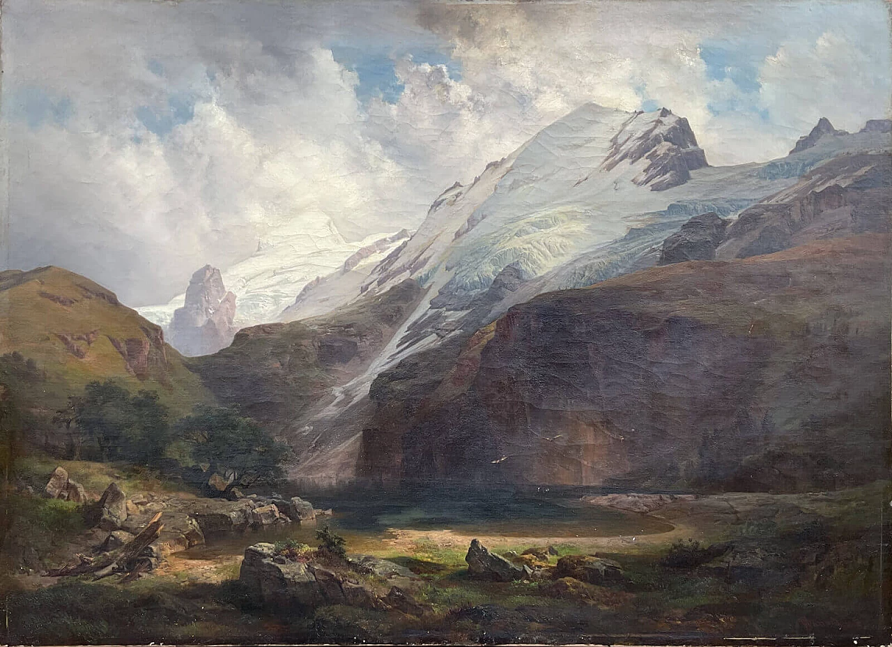 Anton Hansch, Mount Titlis with Lake Engstlensee in Switzerland, oil painting on canvas, 19th century 1