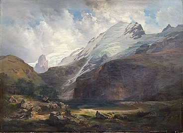 Anton Hansch, Mount Titlis with Lake Engstlensee in Switzerland, oil painting on canvas, 19th century