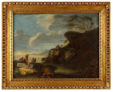 Follower of Salvator Rosa, coastal landscape, oil painting on canvas, 17th century