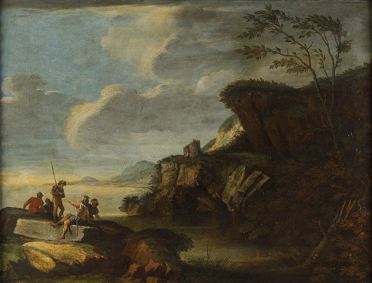 Follower of Salvator Rosa, coastal landscape, oil painting on canvas, 17th century 3