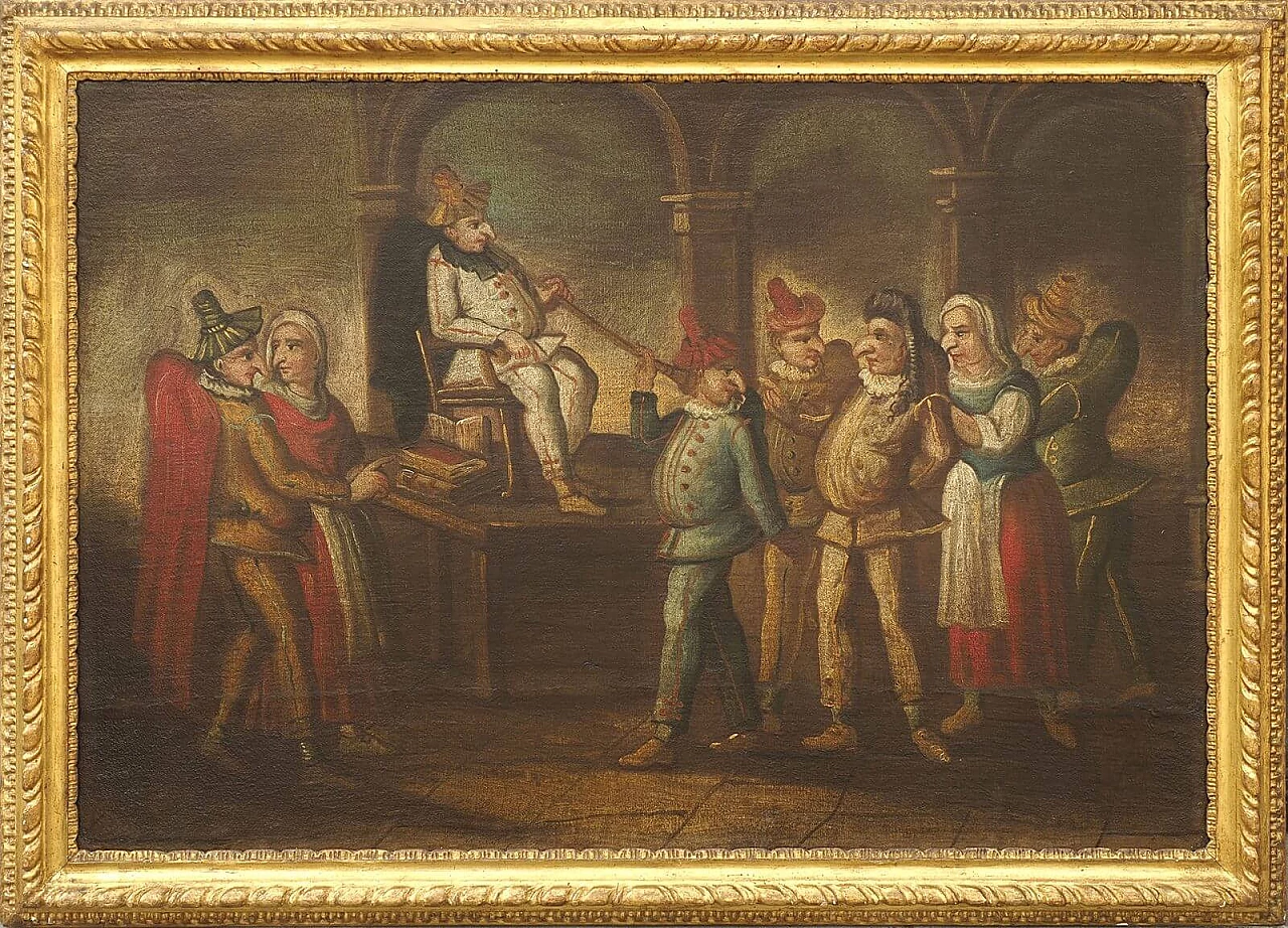 Interior with carnival scene, oil painting on canvas attributed to Marco Marcola, 18th century 2