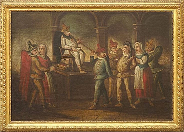 Interior with carnival scene, oil painting on canvas attributed to Marco Marcola, 18th century