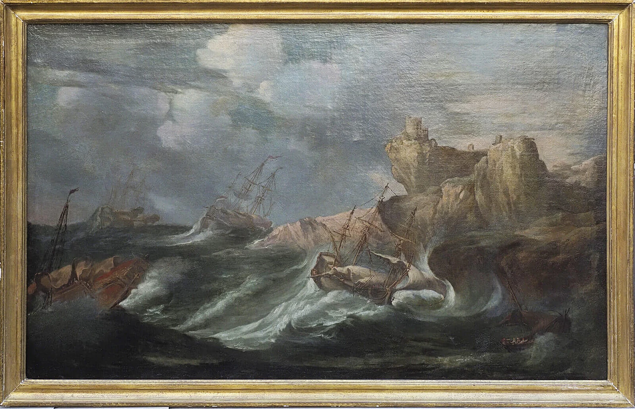 Merchant boats in the storm, oil painting on canvas, 19th century 1