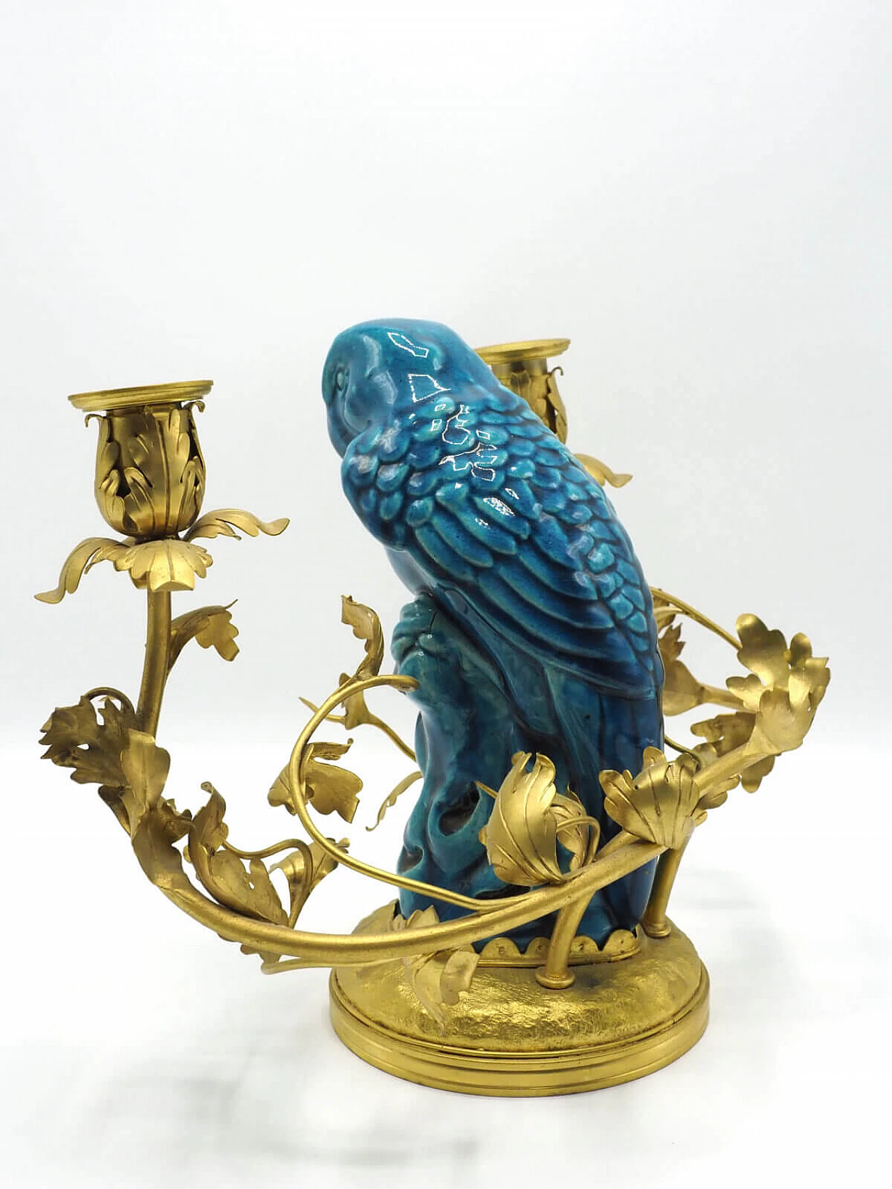 Chinese gilded bronze candelabra with blue porcelain parrot 2