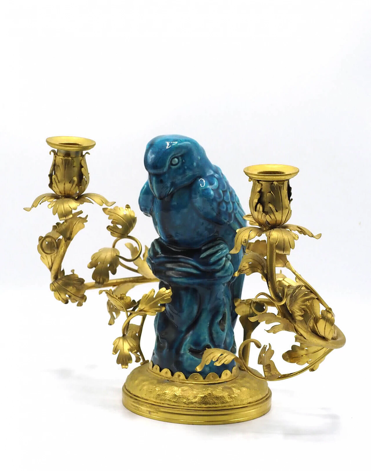 Chinese gilded bronze candelabra with blue porcelain parrot 3