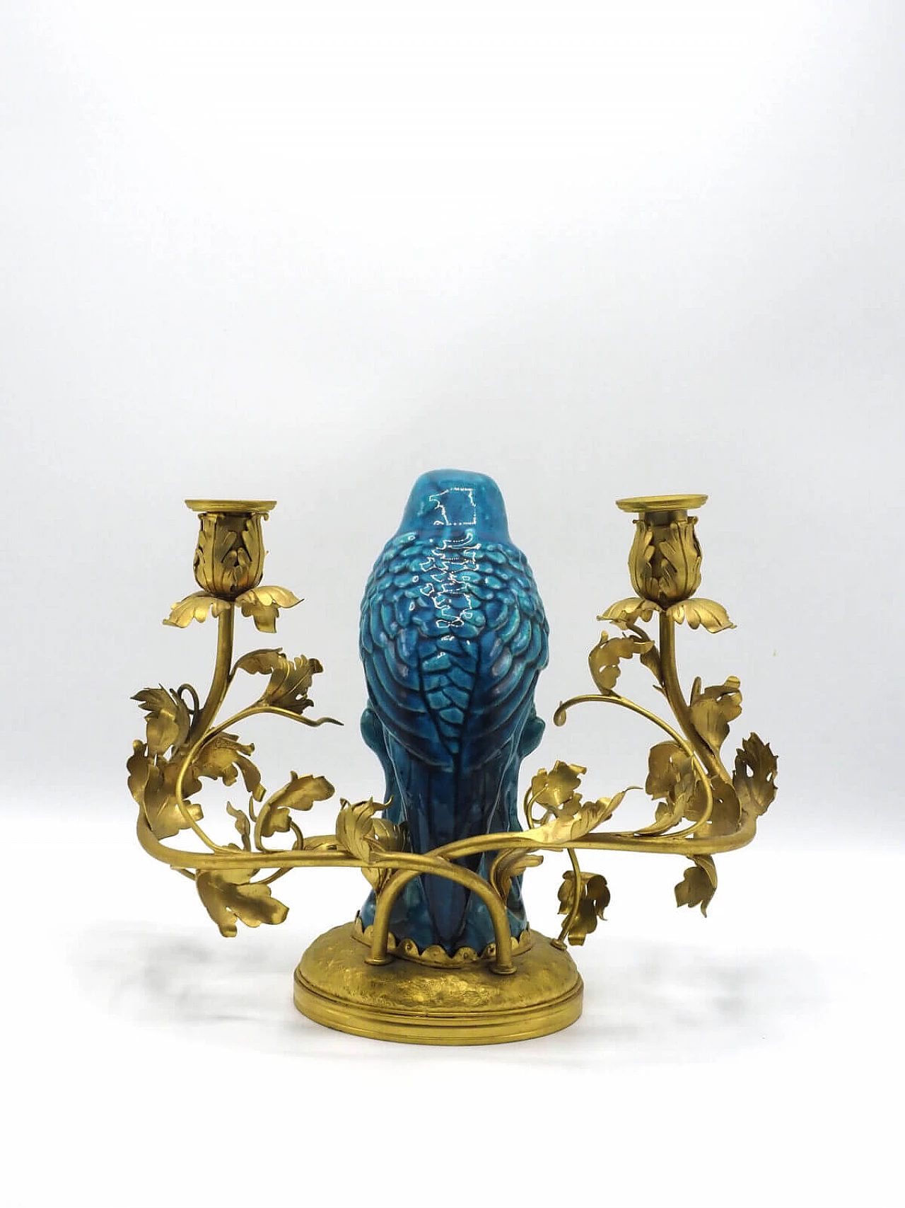 Chinese gilded bronze candelabra with blue porcelain parrot 4