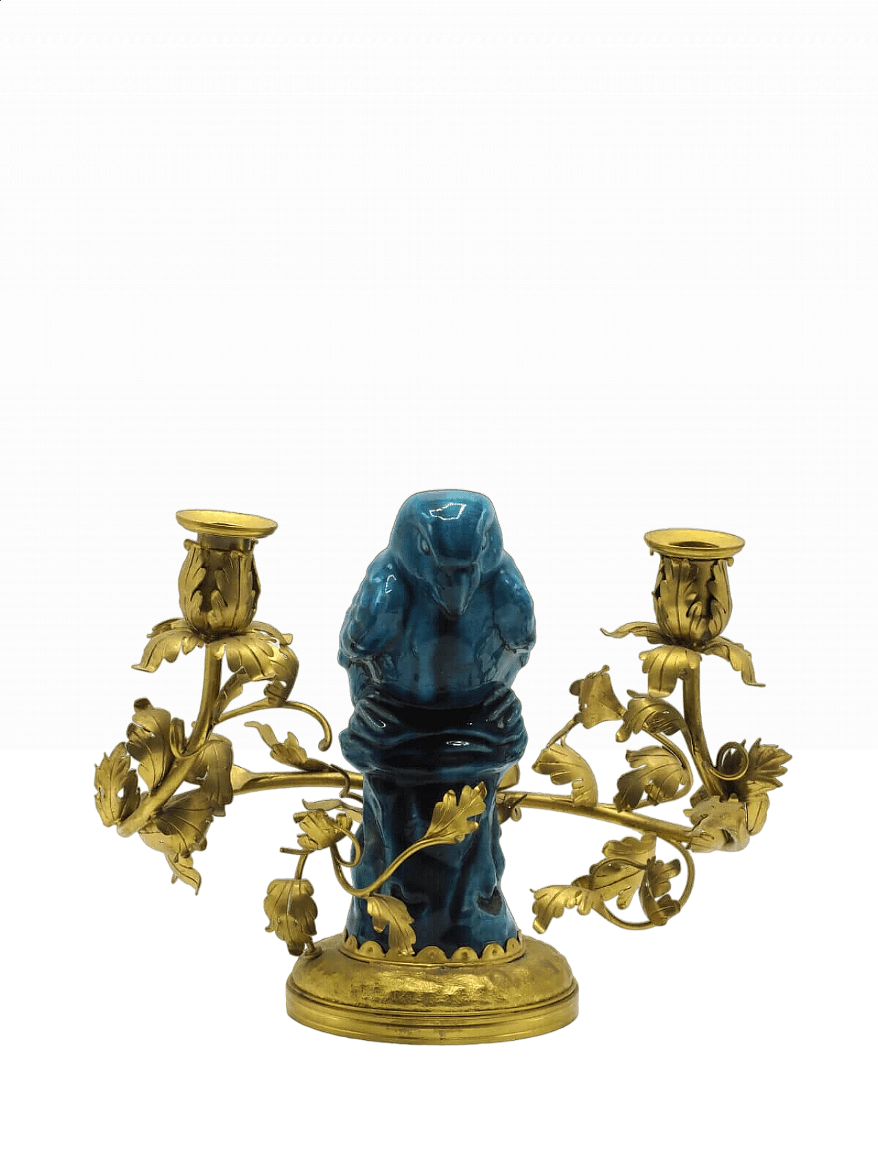 Chinese gilded bronze candelabra with blue porcelain parrot 9