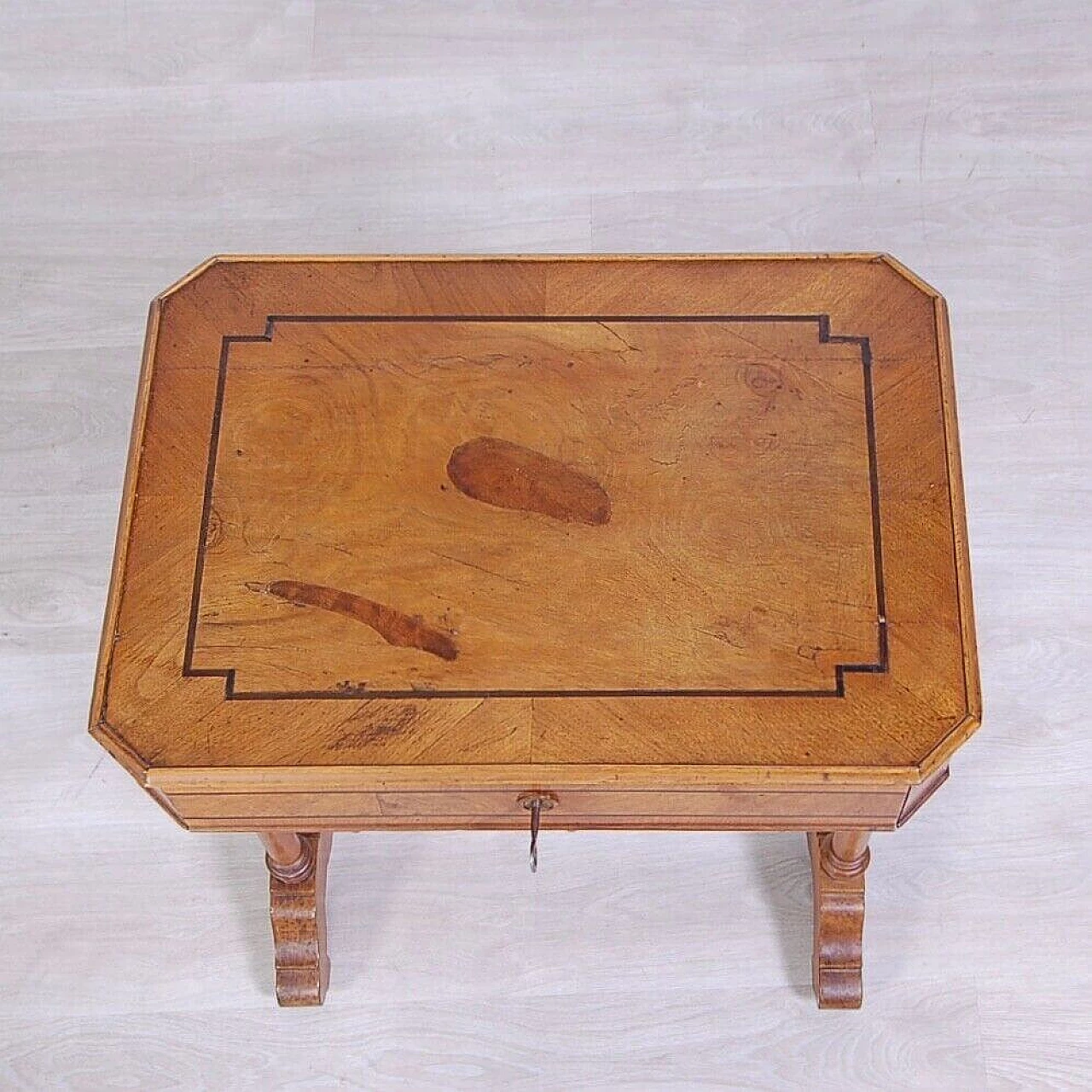 Walnut and walnut-root work side table with inlays, late 19th century 9