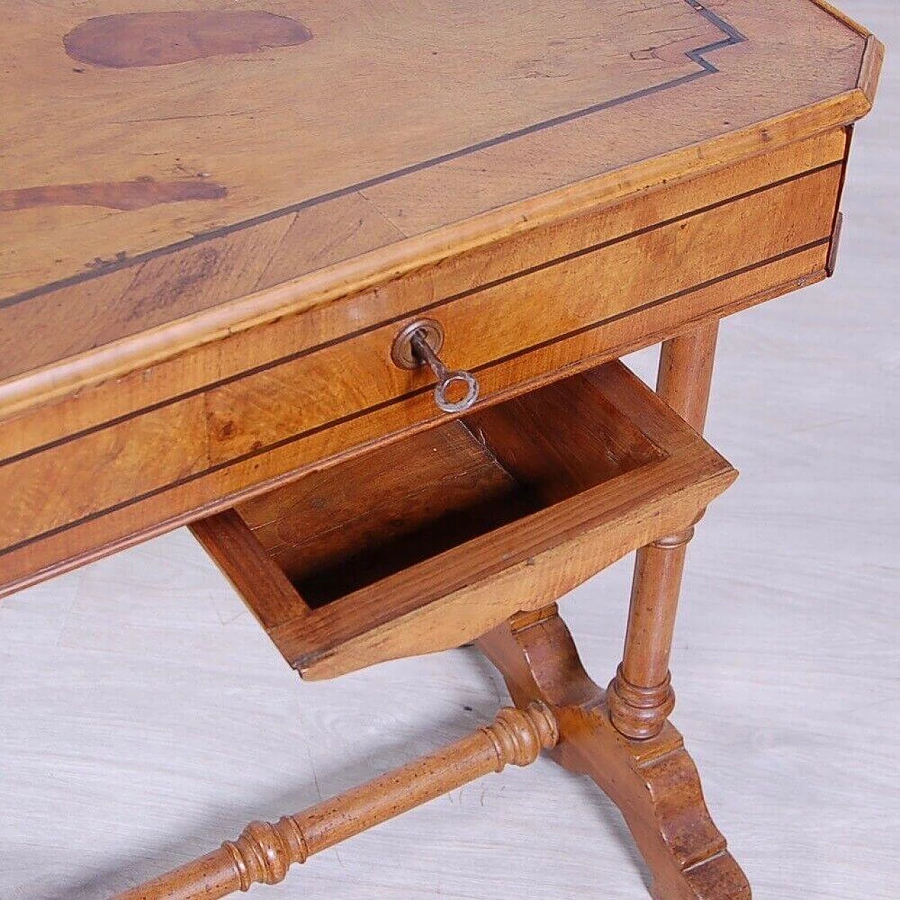 Walnut and walnut-root work side table with inlays, late 19th century 14