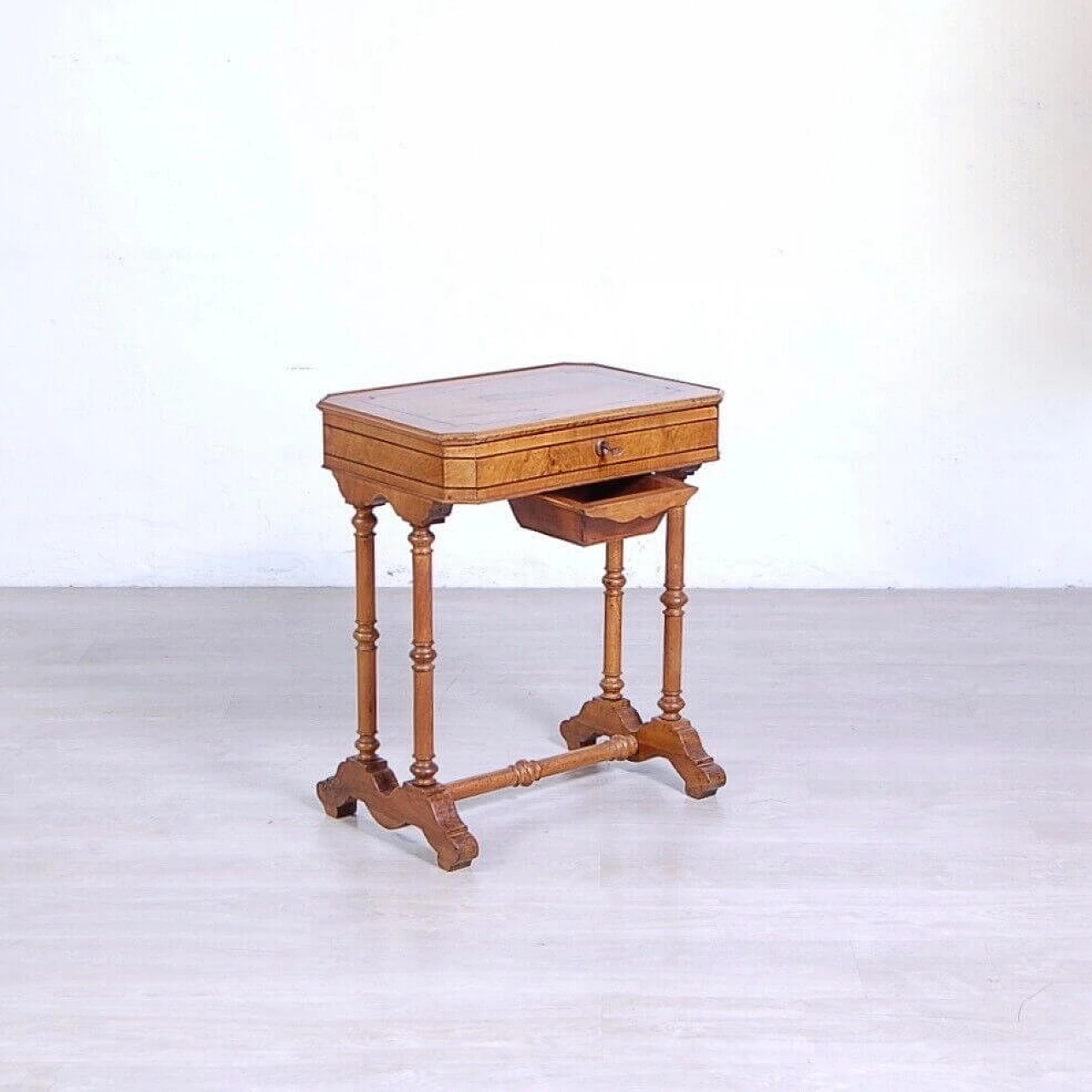 Walnut and walnut-root work side table with inlays, late 19th century 16