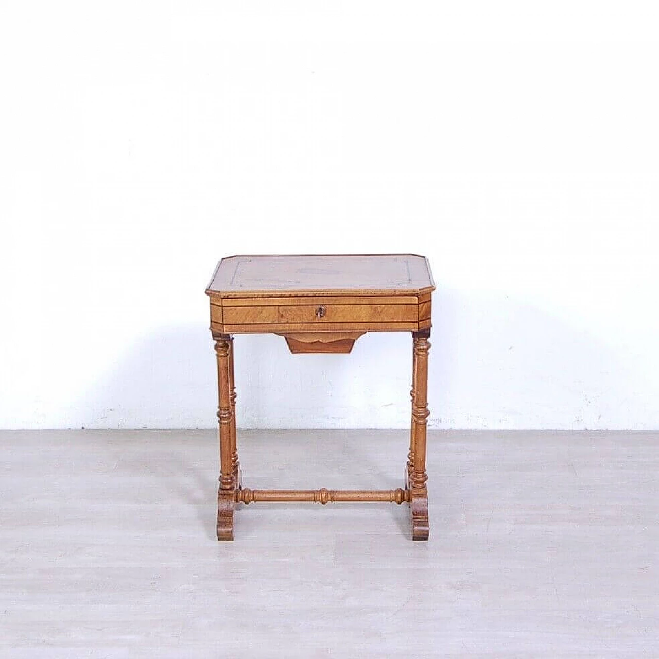 Walnut and walnut-root work side table with inlays, late 19th century 17