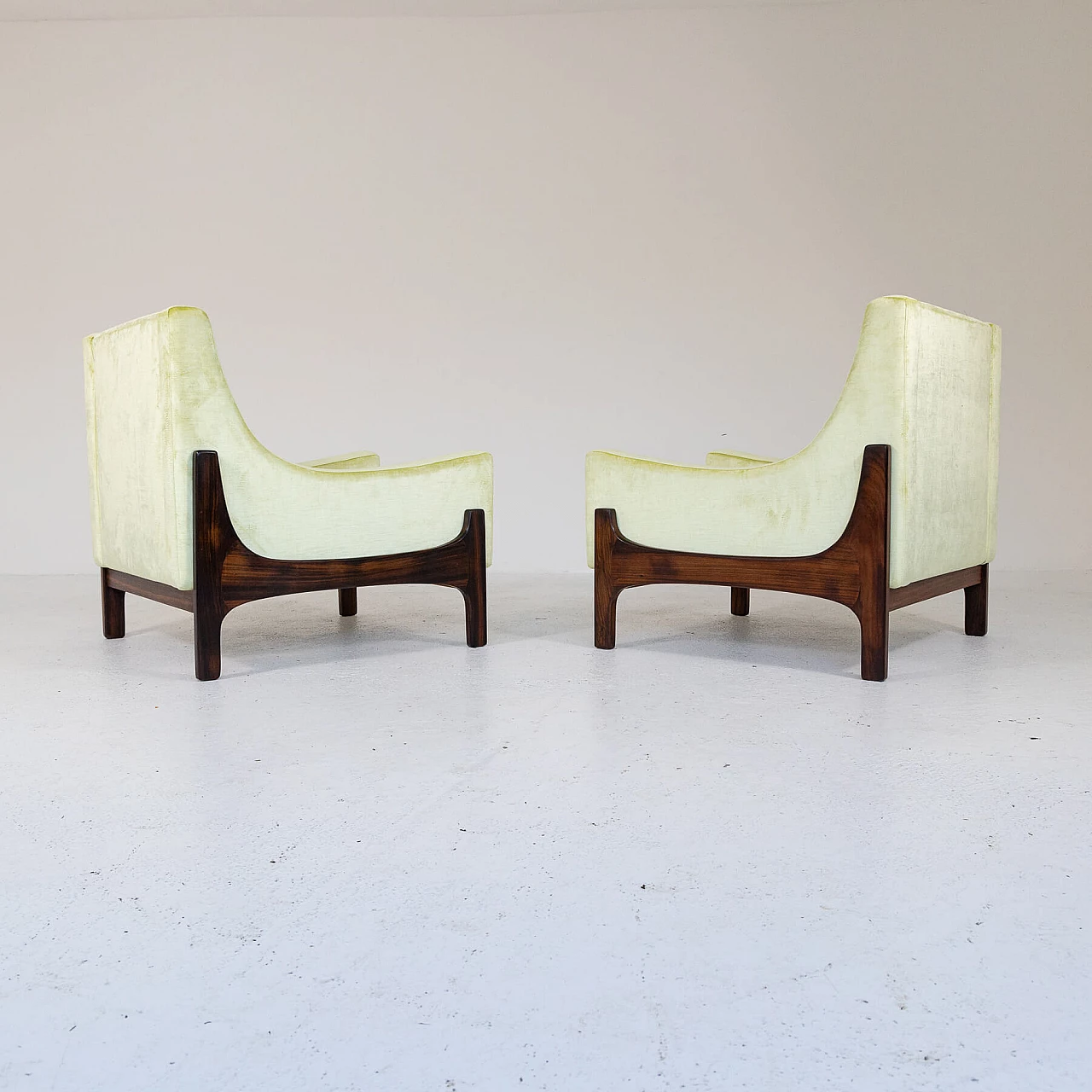 Pair of teak and yellow velvet armchairs, 1960s 1