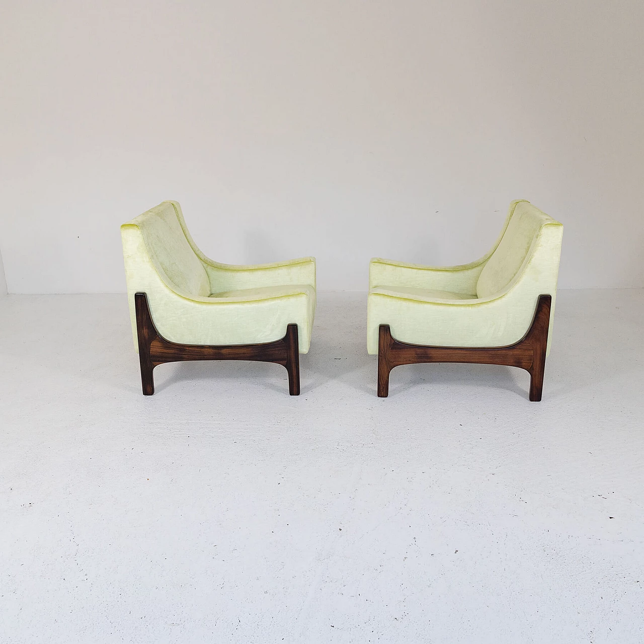 Pair of teak and yellow velvet armchairs, 1960s 2