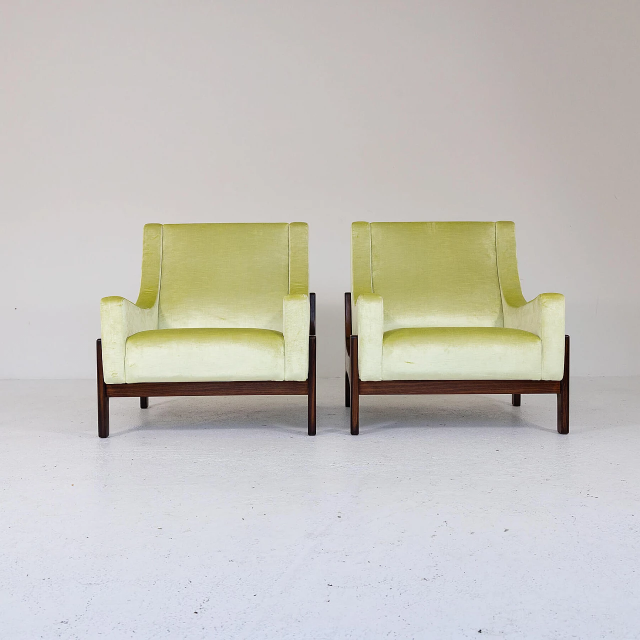 Pair of teak and yellow velvet armchairs, 1960s 3