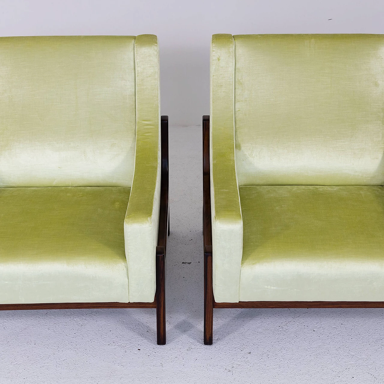 Pair of teak and yellow velvet armchairs, 1960s 4