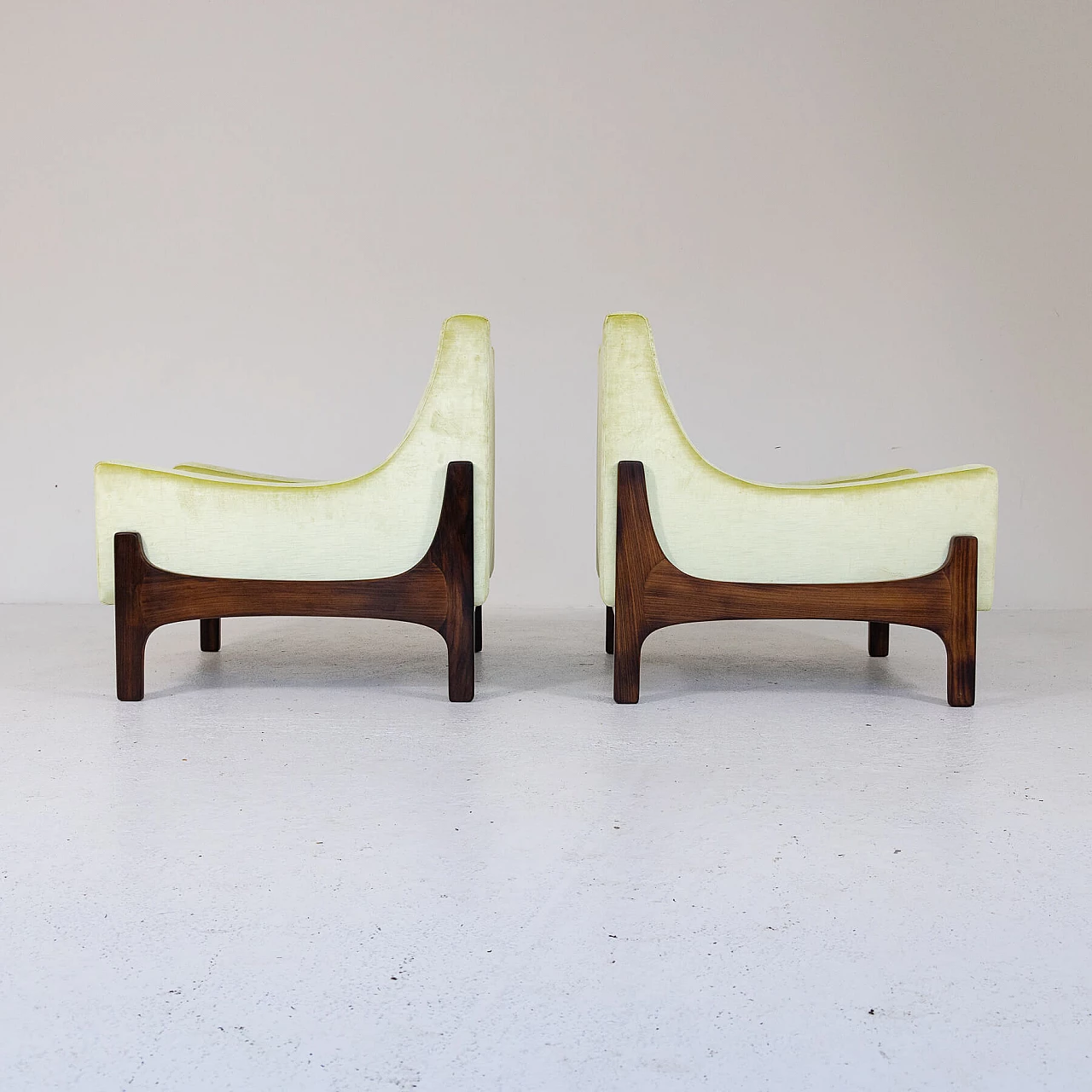 Pair of teak and yellow velvet armchairs, 1960s 5