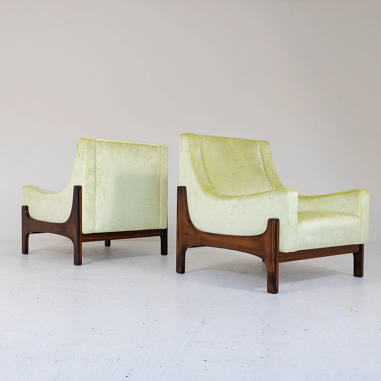 Pair of teak and yellow velvet armchairs, 1960s 8