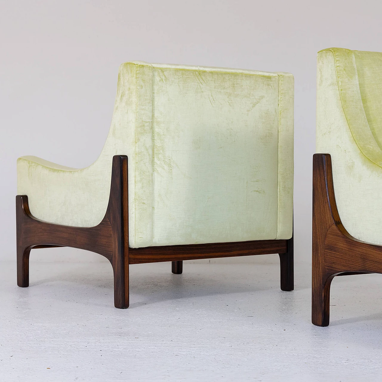 Pair of teak and yellow velvet armchairs, 1960s 9