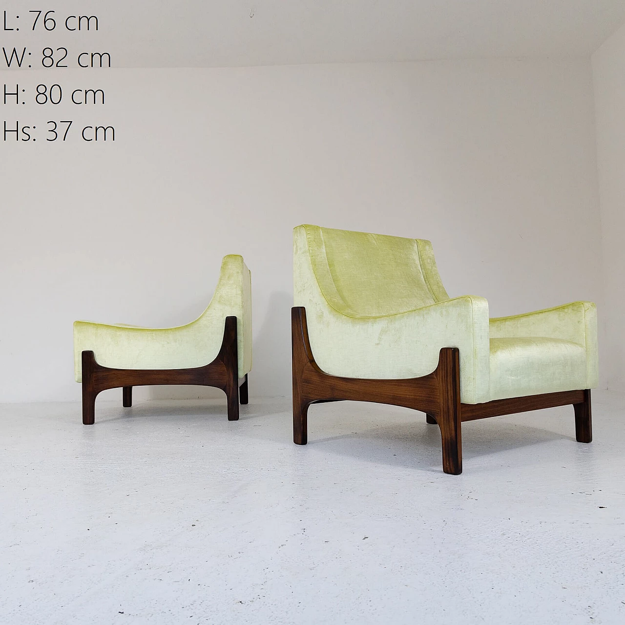 Pair of teak and yellow velvet armchairs, 1960s 10