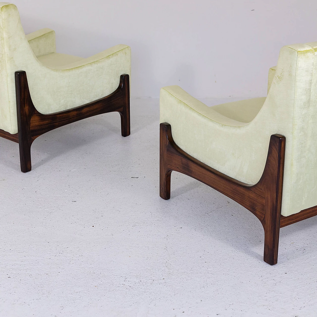 Pair of teak and yellow velvet armchairs, 1960s 11