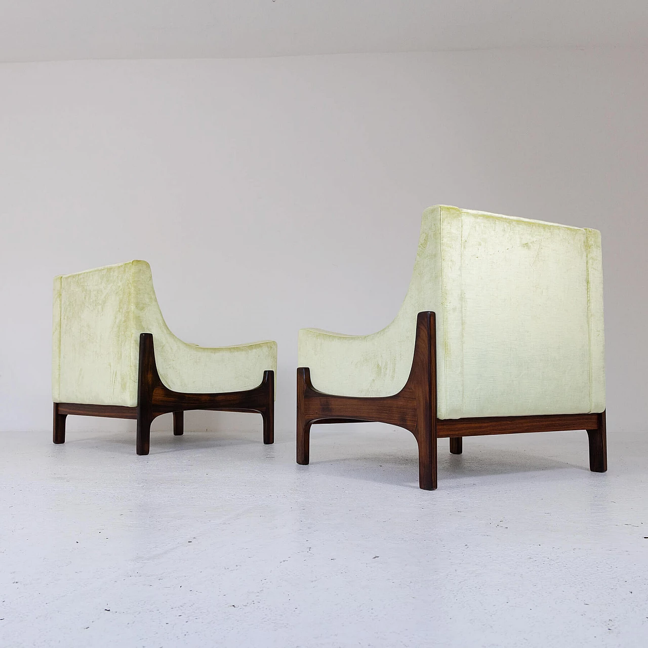 Pair of teak and yellow velvet armchairs, 1960s 12