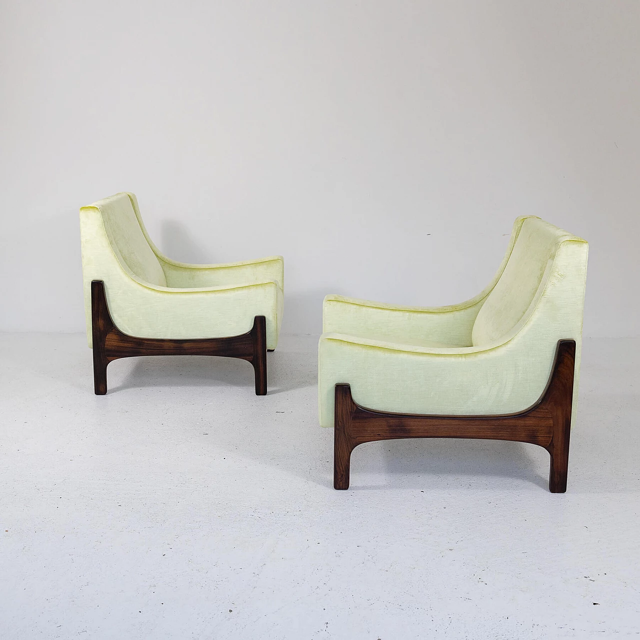 Pair of teak and yellow velvet armchairs, 1960s 13