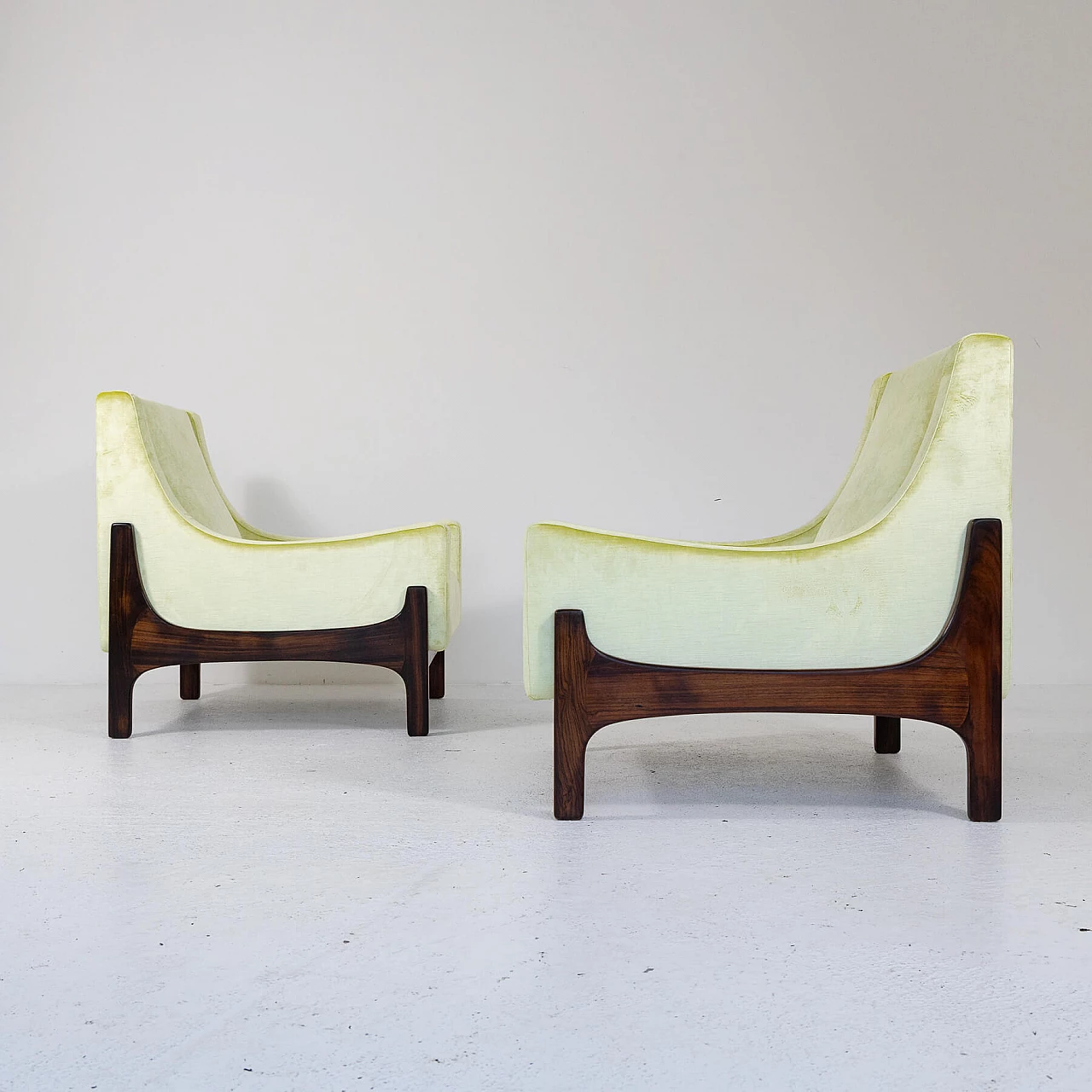 Pair of teak and yellow velvet armchairs, 1960s 14