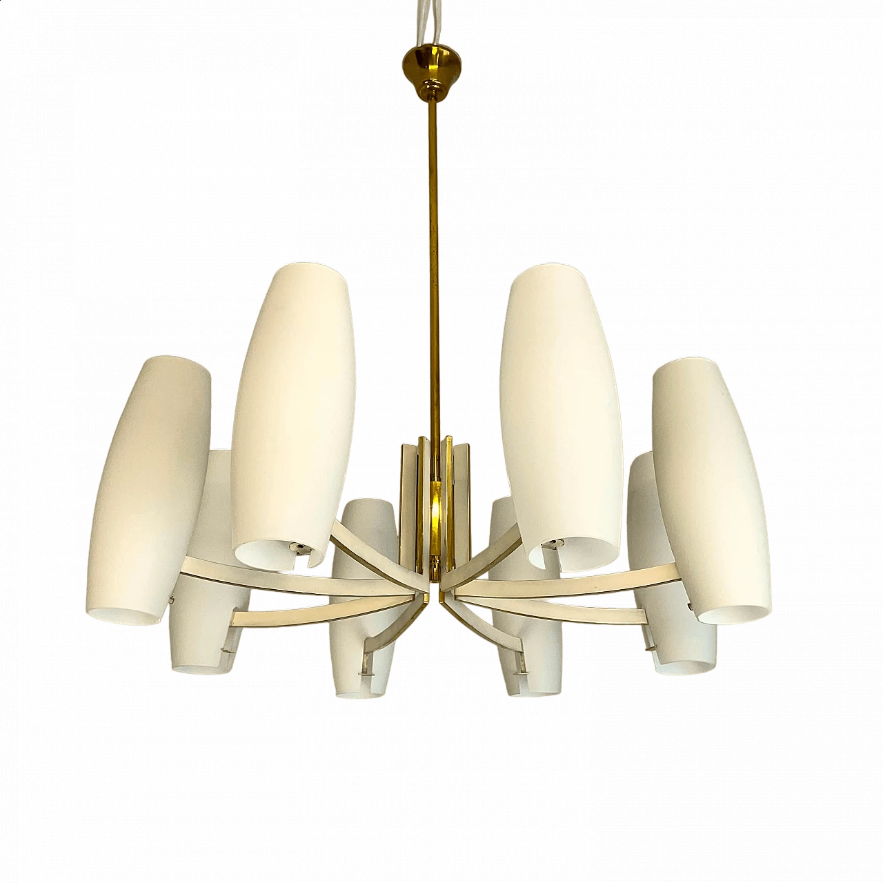 Eight-light brass and opaque opaline glass chandelier, 1950s 15