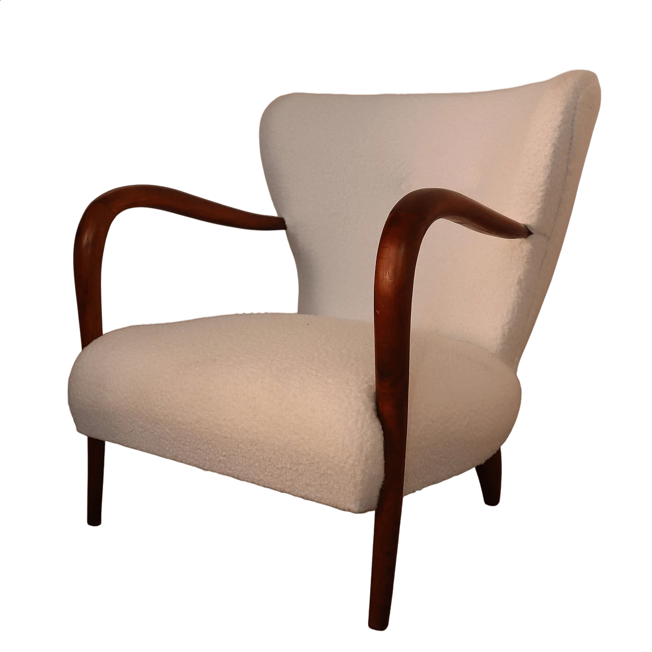 White bouclé fabric armchair with cherry frame, 1940s 13