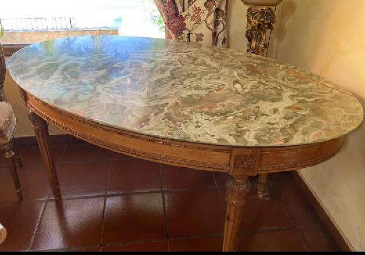 Oval walnut table with marble top, early 20th century 1